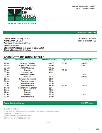 Download Benin Bank of Africa bank statement word